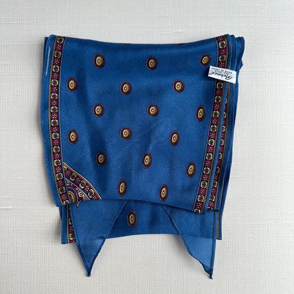 Vintage Burmel Silk Skinny Scarf, 7 x 60 Blue Gold Geometric Print Made in Japan - Picture 1 of 9